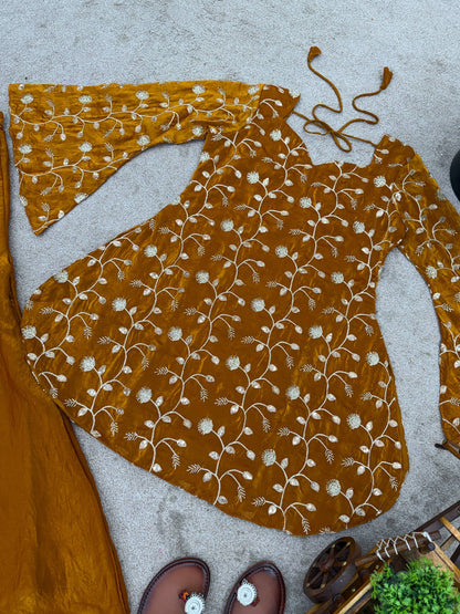 Dark yellow fandy silk top & palazzo set with embroidery, sequin and beads work