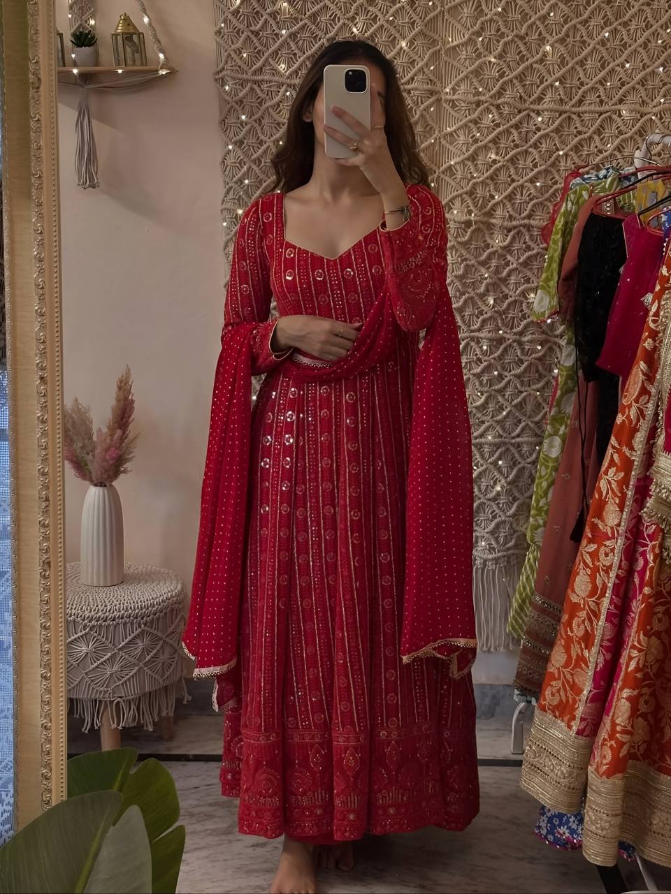 Red faux blooming embroidered sequins anarkali suit set