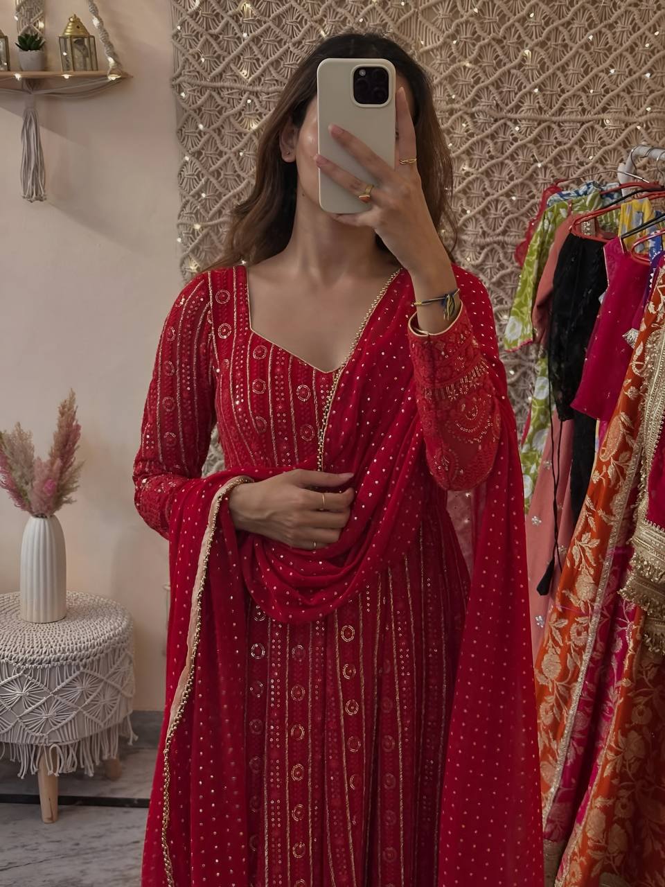 Red faux blooming embroidered sequins anarkali suit set