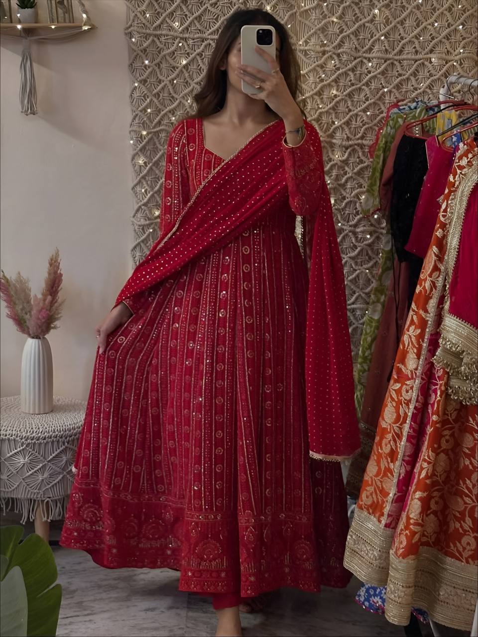 Red faux blooming embroidered sequins anarkali suit set