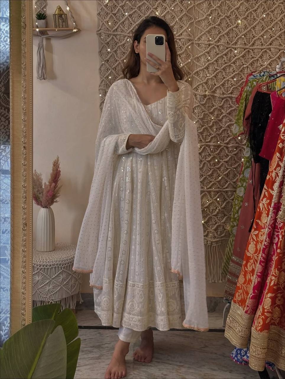 White faux blooming embroidered sequins anarkali suit set
