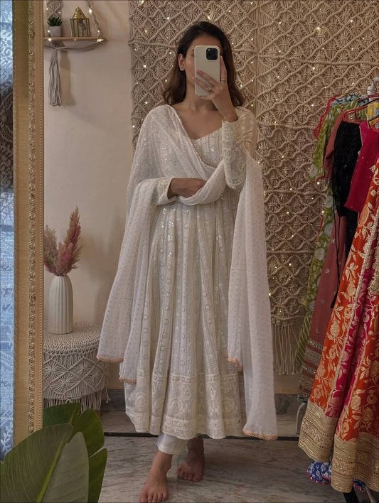 White faux blooming embroidered sequins anarkali suit set