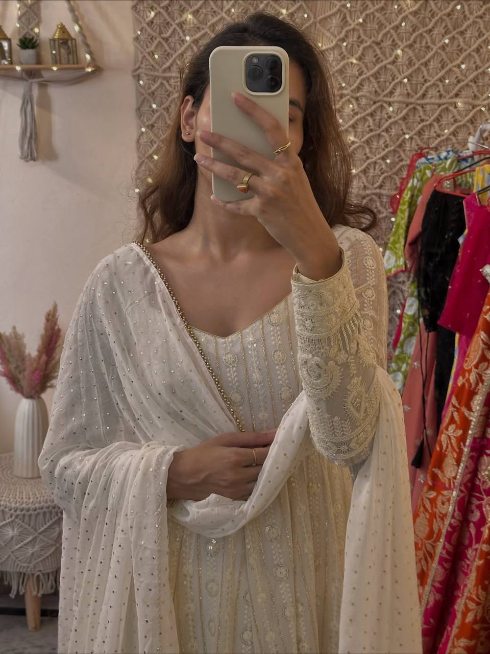 White faux blooming embroidered sequins anarkali suit set