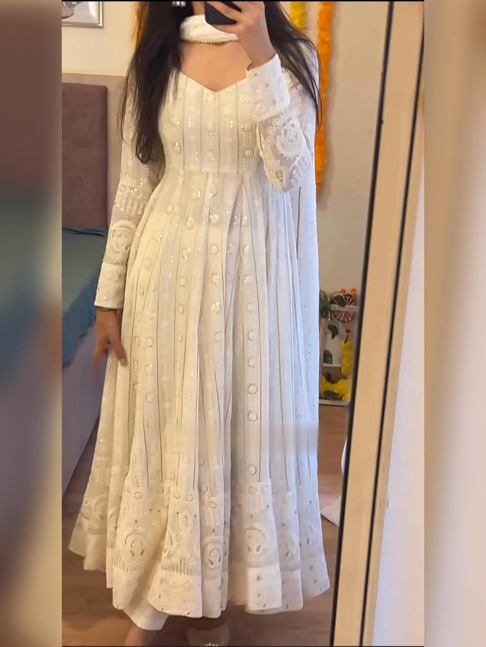 White faux blooming embroidered sequins anarkali suit set
