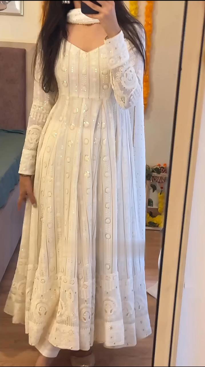 White faux blooming embroidered sequins anarkali suit set