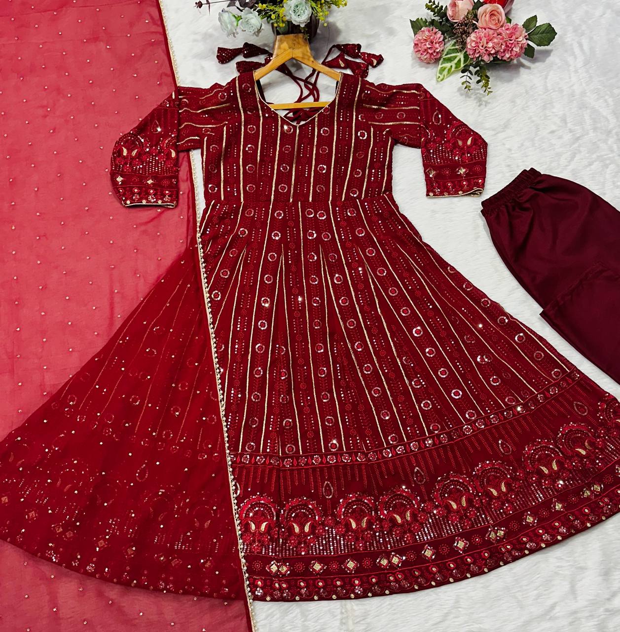 Red faux blooming embroidered sequins anarkali suit set