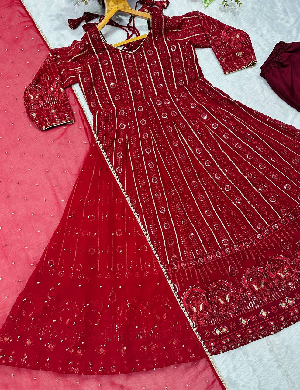 Red faux blooming embroidered sequins anarkali suit set