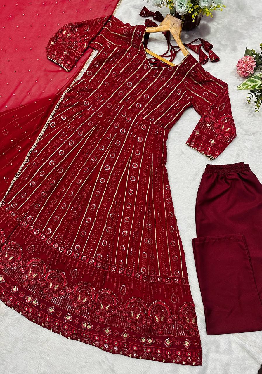 Red faux blooming embroidered sequins anarkali suit set