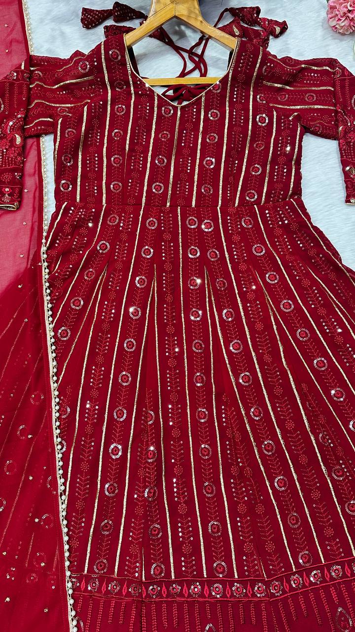 Red faux blooming embroidered sequins anarkali suit set