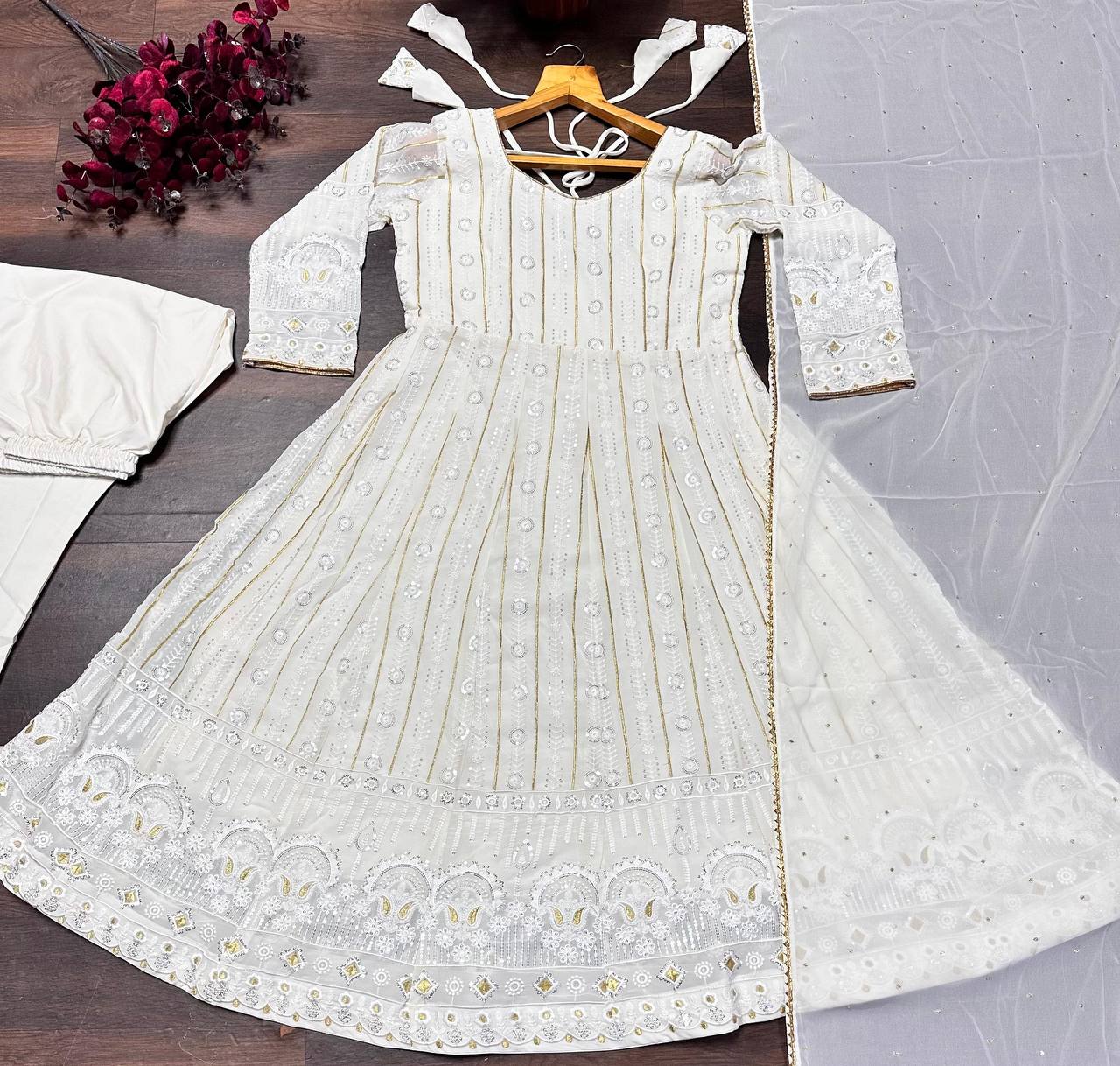 White faux blooming embroidered sequins anarkali suit set