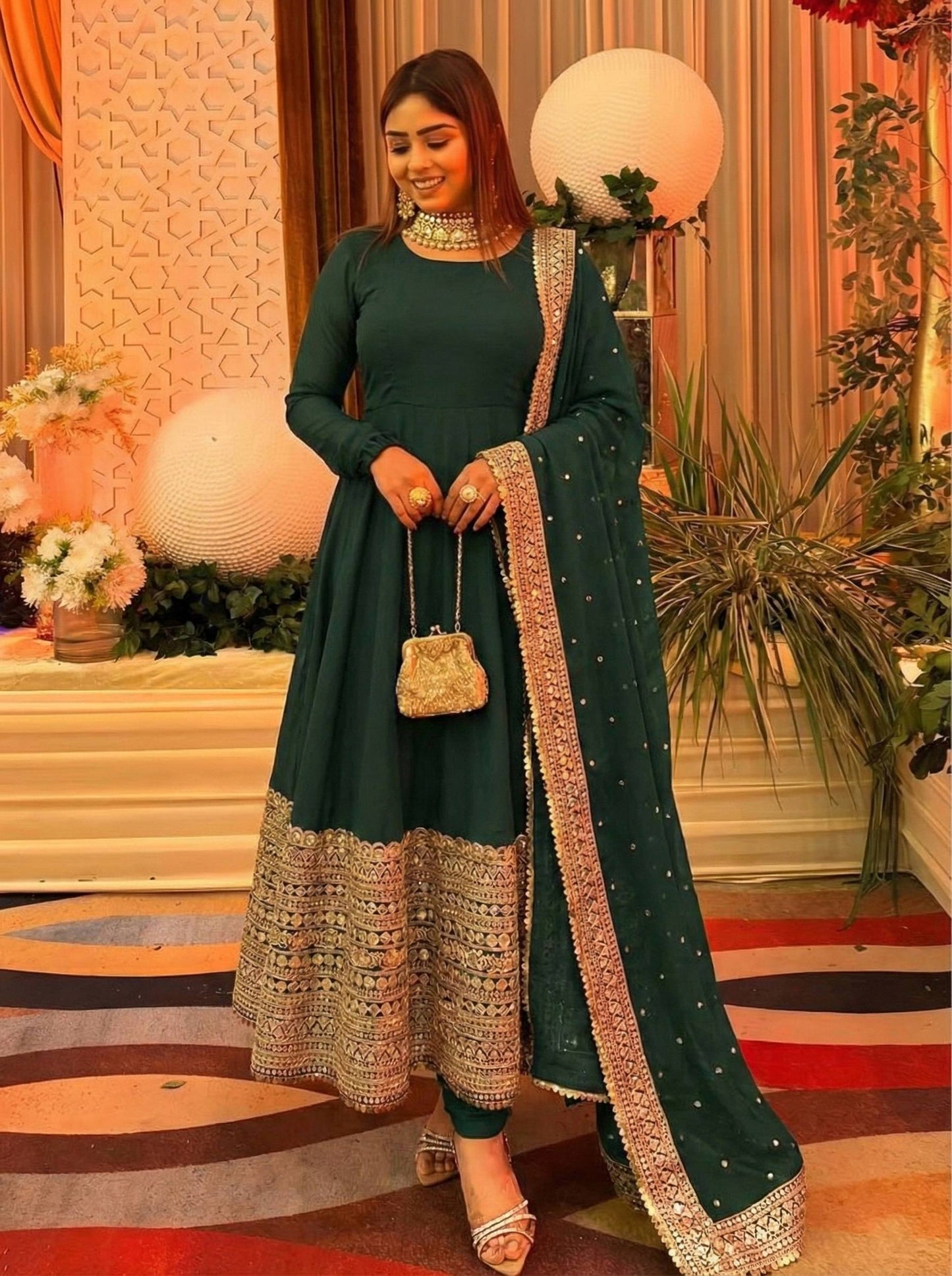 Green roman silk embroidery sequence work Gown, Bottom & Dupatta