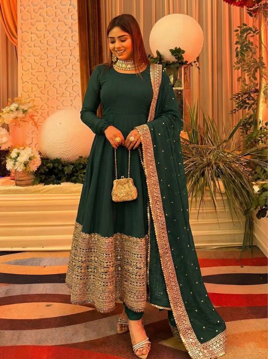 Green roman silk embroidery sequence work Gown, Bottom & Dupatta
