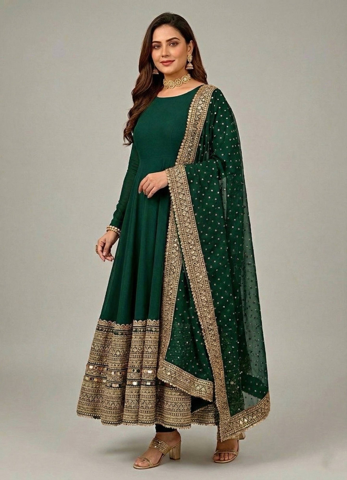 Green roman silk embroidery sequence work Gown, Bottom & Dupatta