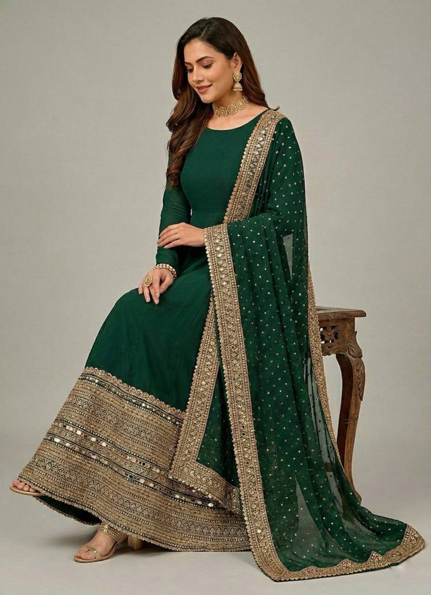 Green roman silk embroidery sequence work Gown, Bottom & Dupatta