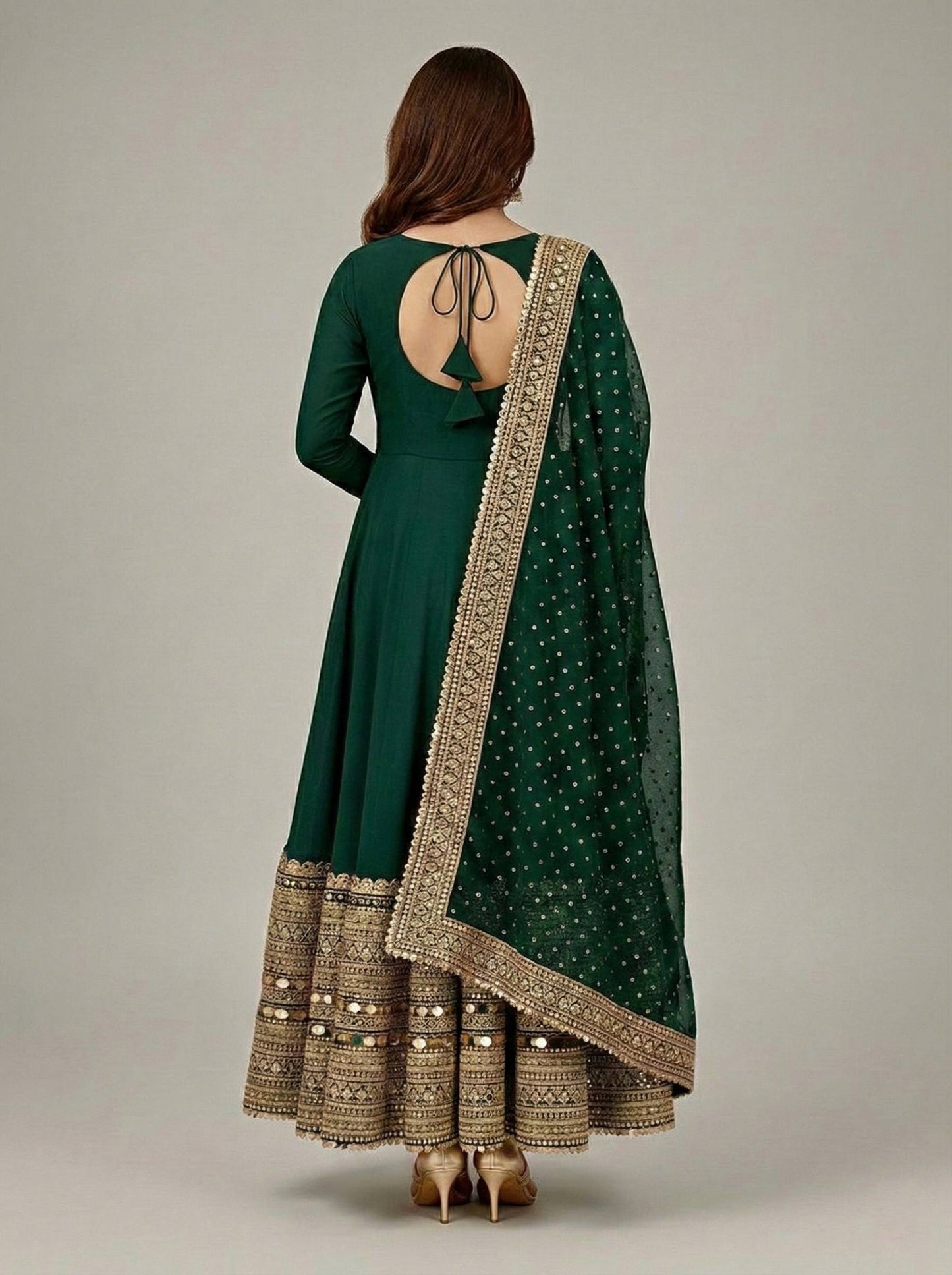 Green roman silk embroidery sequence work Gown, Bottom & Dupatta