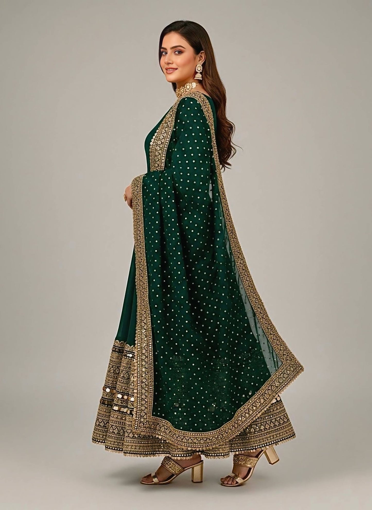 Green roman silk embroidery sequence work Gown, Bottom & Dupatta