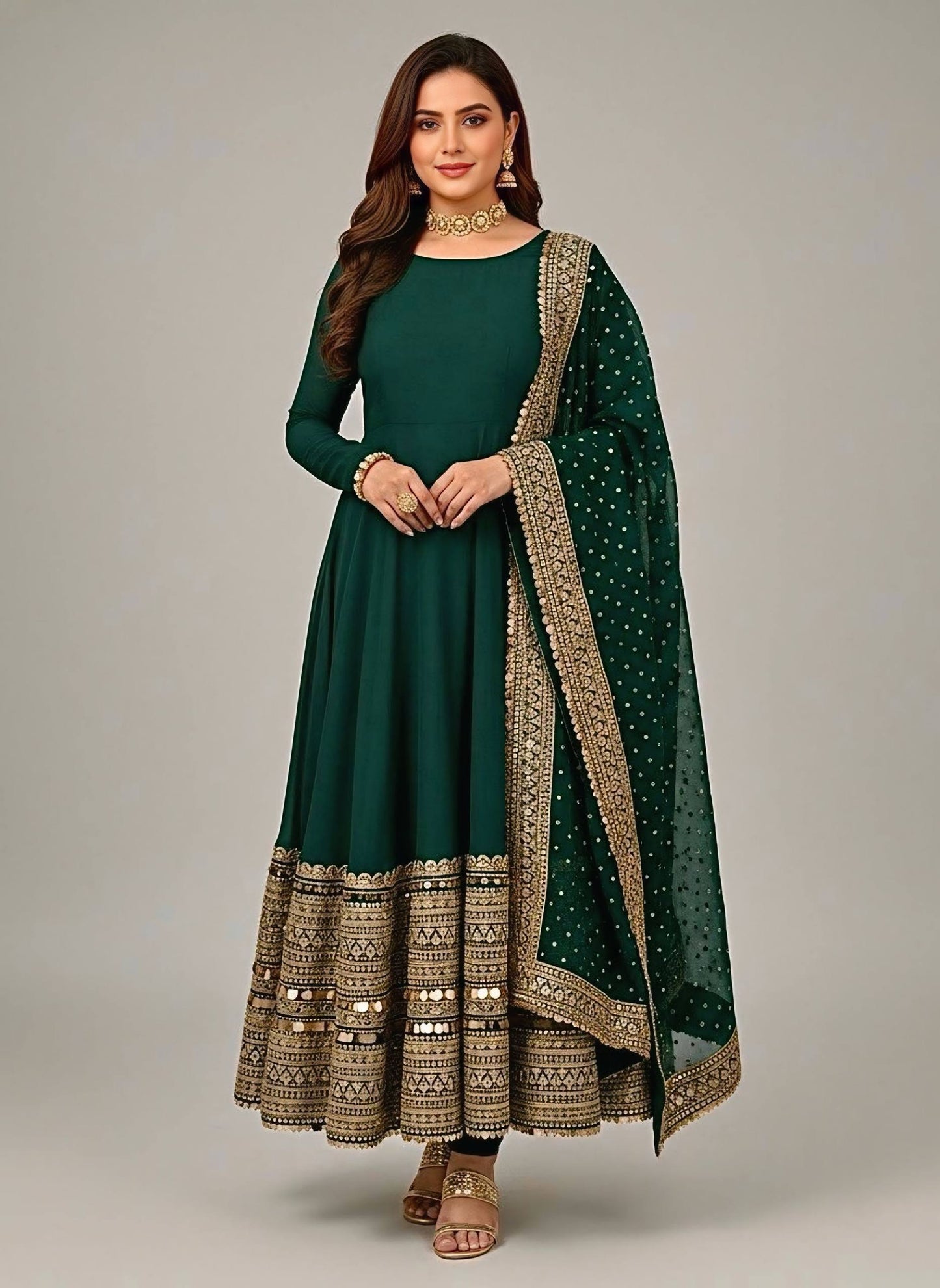Green roman silk embroidery sequence work Gown, Bottom & Dupatta