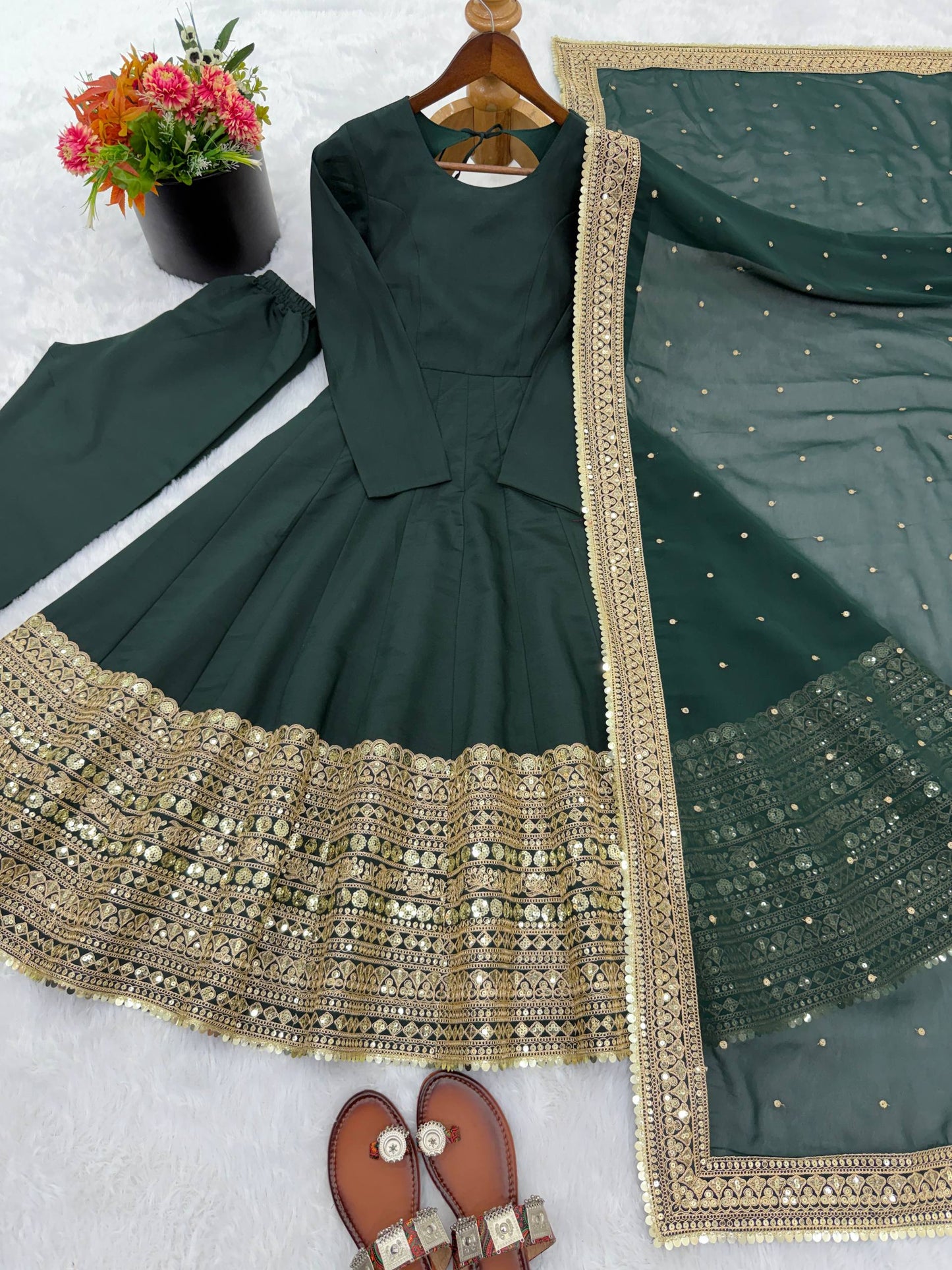 Green roman silk embroidery sequence work Gown, Bottom & Dupatta