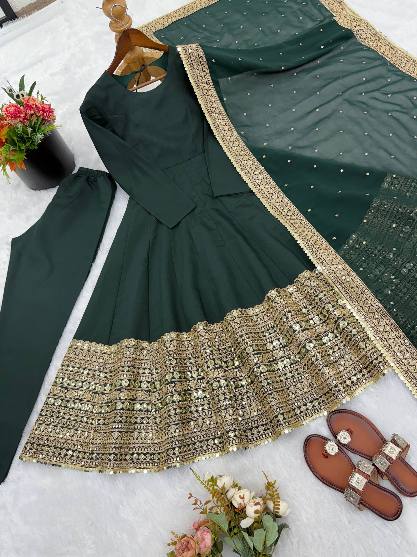 Green roman silk embroidery sequence work Gown, Bottom & Dupatta