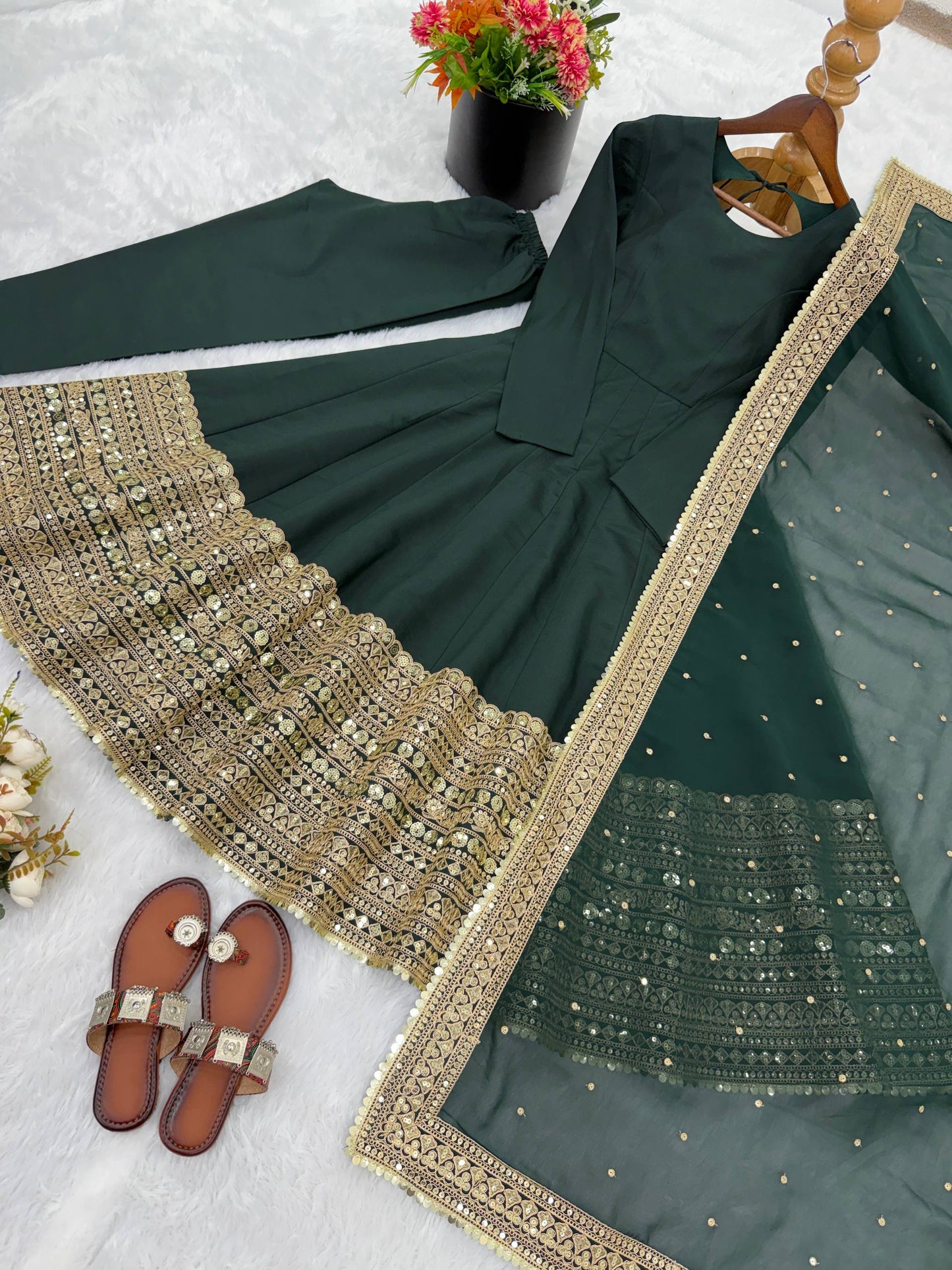 Green roman silk embroidery sequence work Gown, Bottom & Dupatta