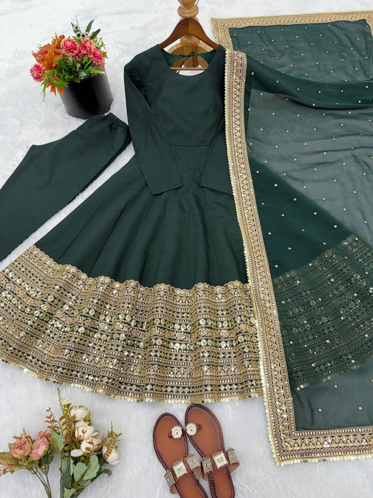 Green roman silk embroidery sequence work Gown, Bottom & Dupatta
