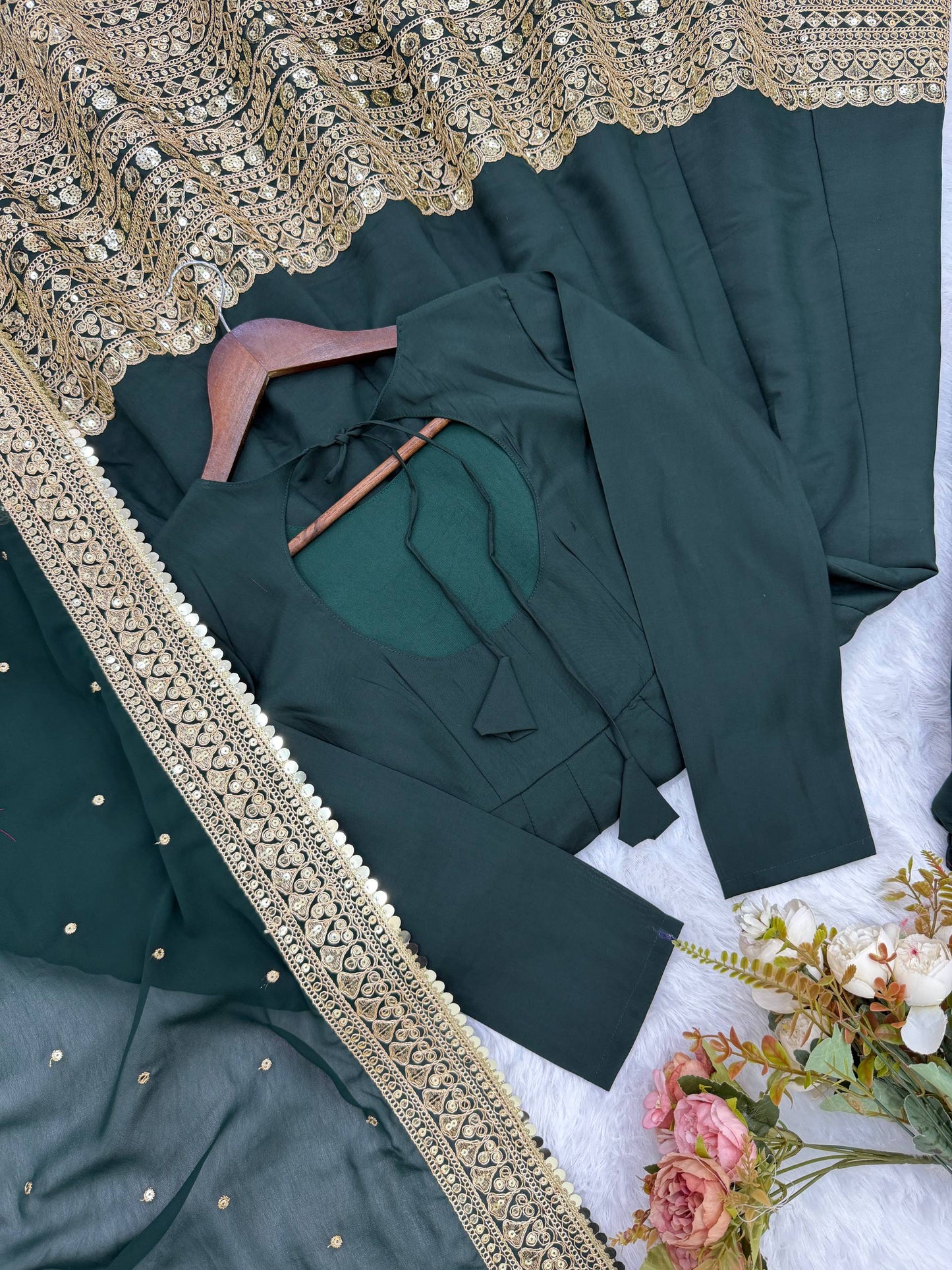 Green roman silk embroidery sequence work Gown, Bottom & Dupatta