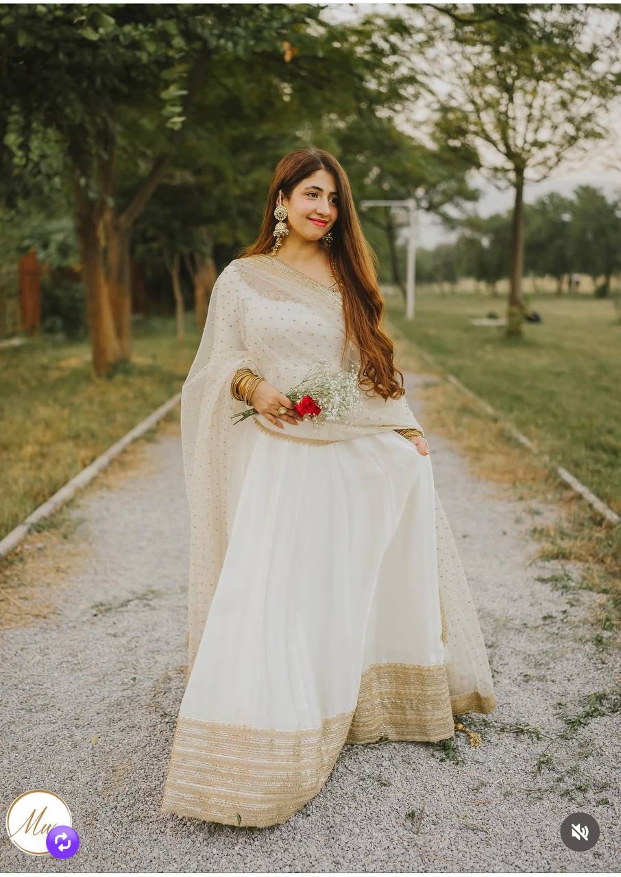White gown chinon silk with embroidery work gown-pant and dupatta