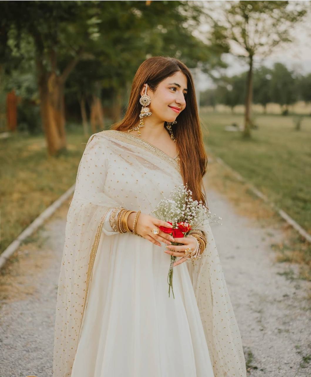 White gown chinon silk with embroidery work gown-pant and dupatta