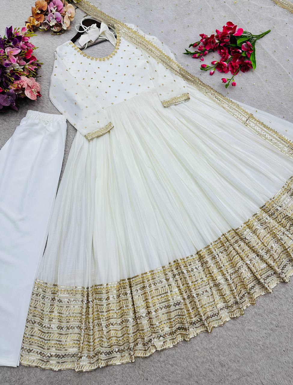 White gown chinon silk with embroidery work gown-pant and dupatta