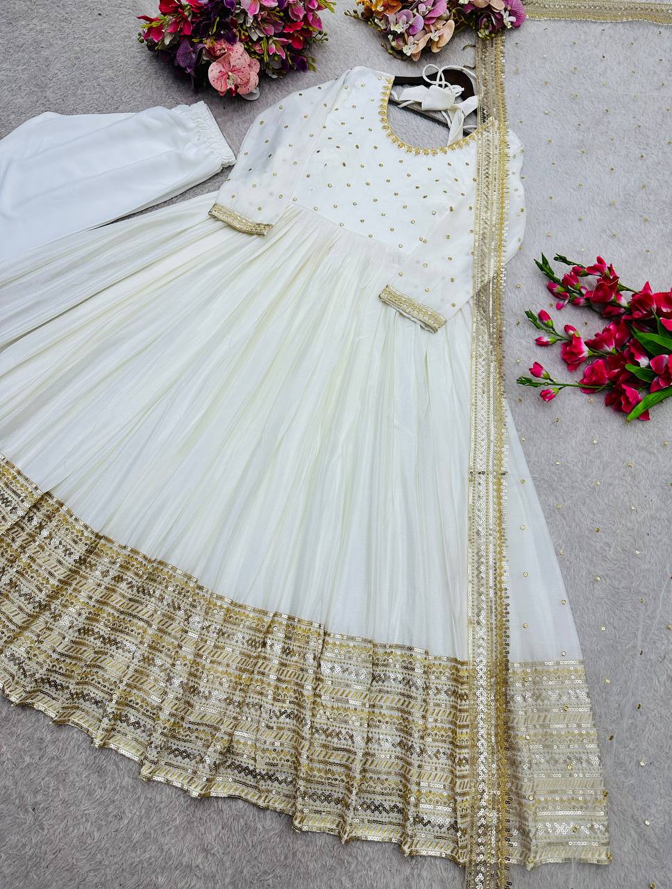 White gown chinon silk with embroidery work gown-pant and dupatta