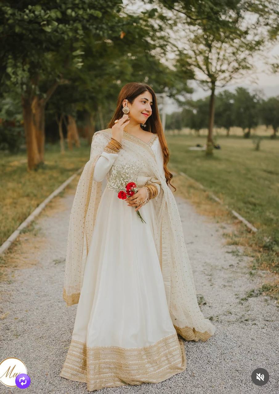 White gown chinon silk with embroidery work gown-pant and dupatta