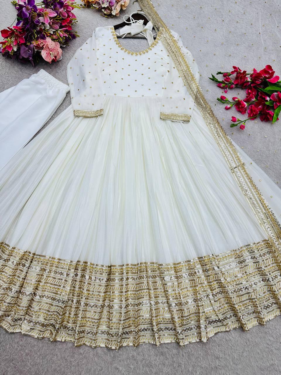 White gown chinon silk with embroidery work gown-pant and dupatta