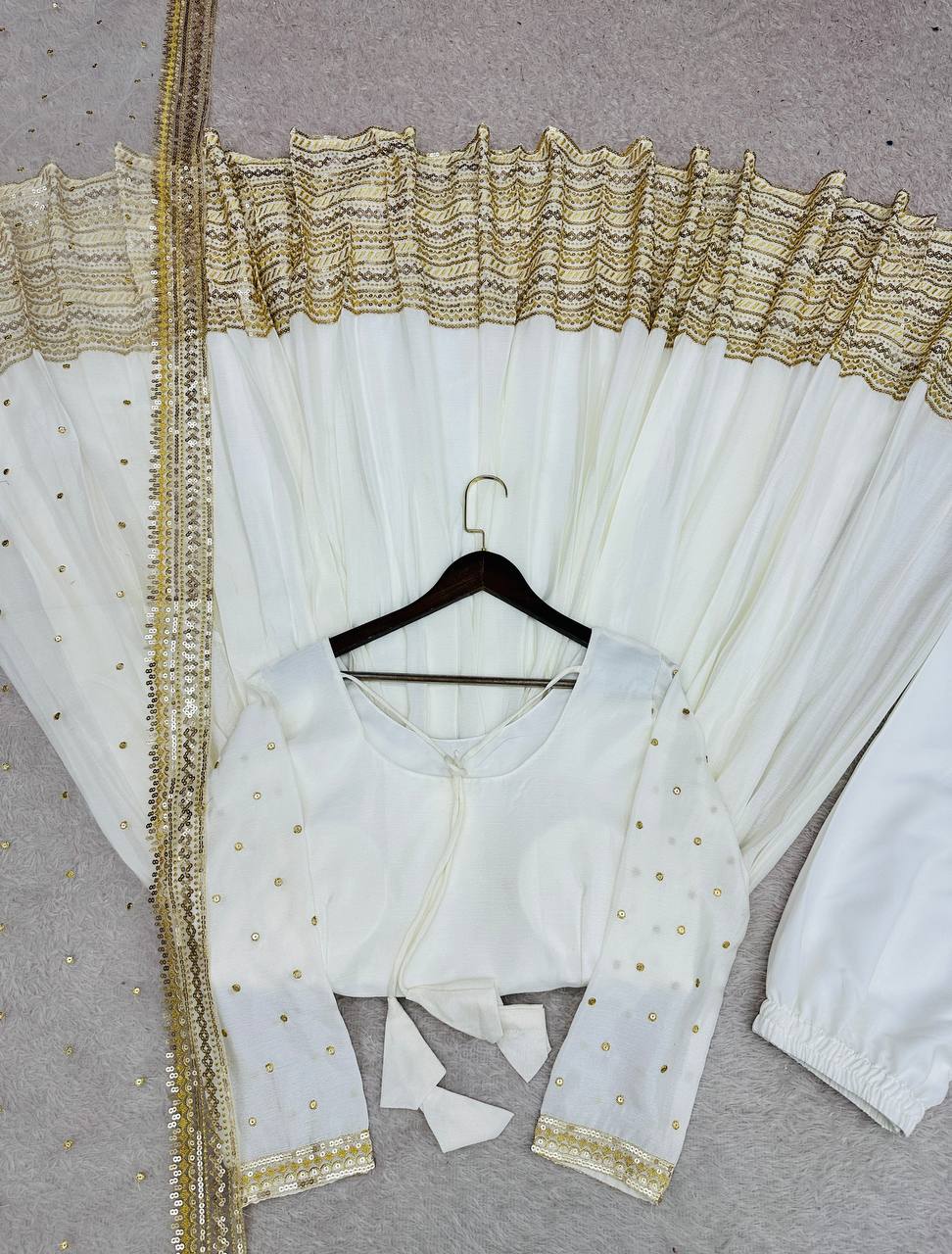 White gown chinon silk with embroidery work gown-pant and dupatta