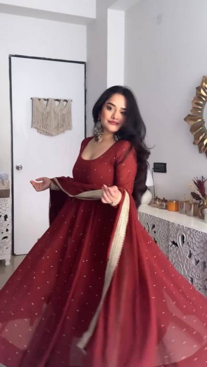 Red faux georgette silk muktesh work gown-palazzo and dupatta set