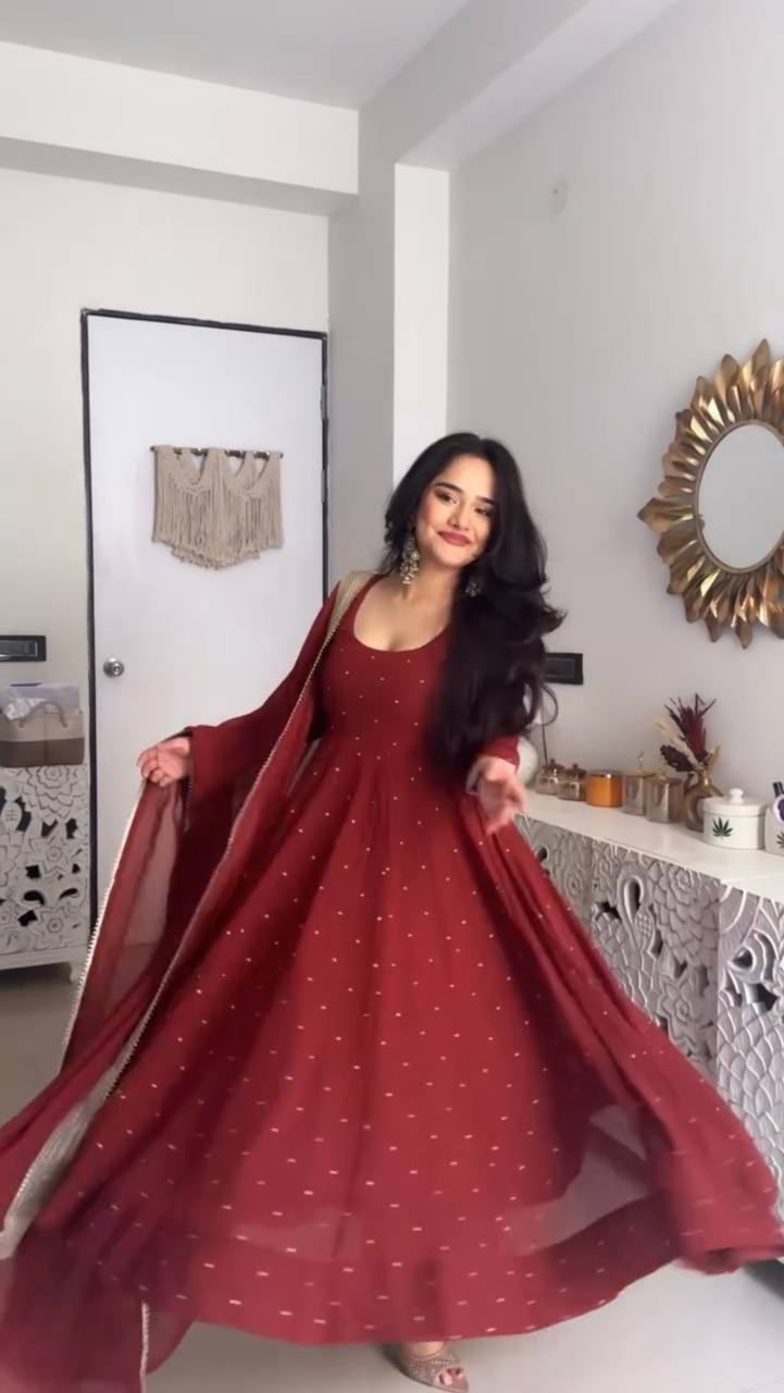 Red faux georgette silk muktesh work gown-palazzo and dupatta set