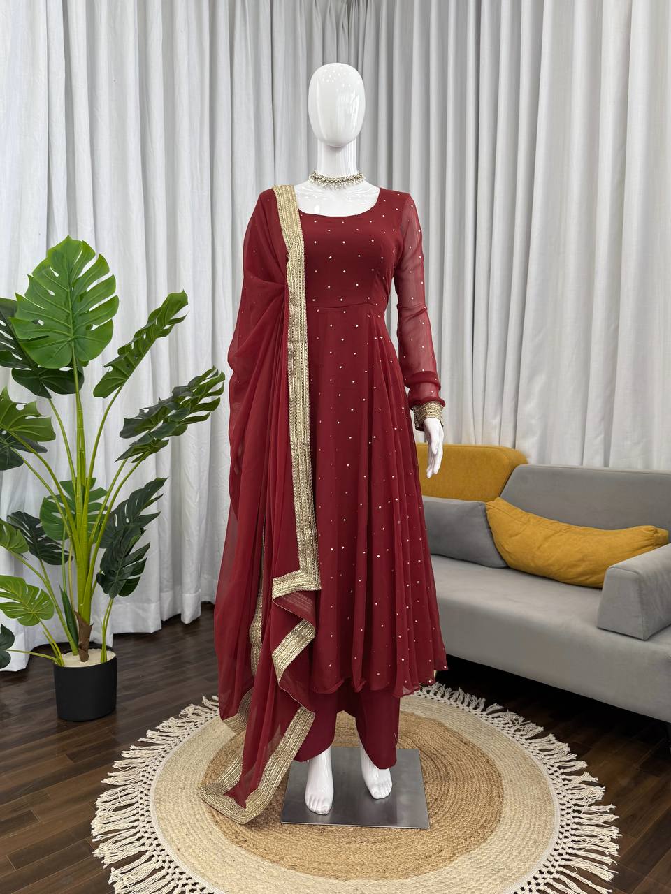 Red faux georgette silk muktesh work gown-palazzo and dupatta set