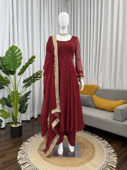 Red faux georgette silk muktesh work gown-palazzo and dupatta set