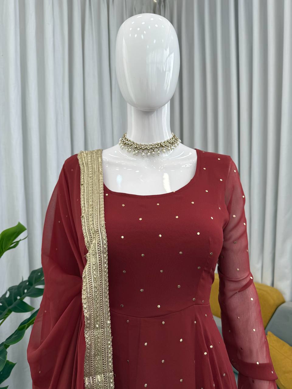 Red faux georgette silk muktesh work gown-palazzo and dupatta set