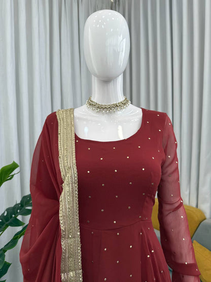 Red faux georgette silk muktesh work gown-palazzo and dupatta set