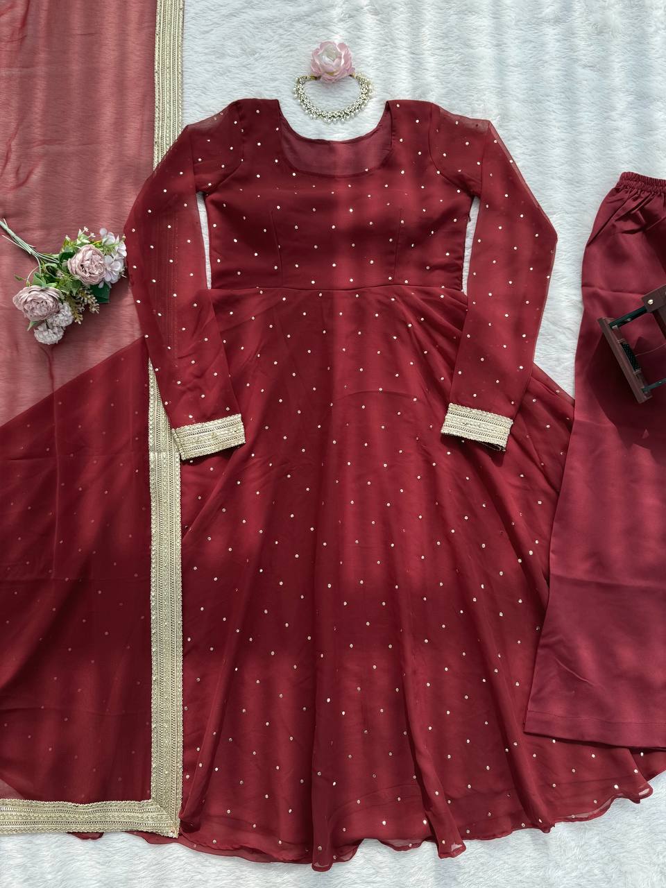 Red faux georgette silk muktesh work gown-palazzo and dupatta set