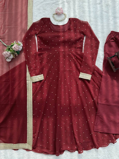 Red faux georgette silk muktesh work gown-palazzo and dupatta set