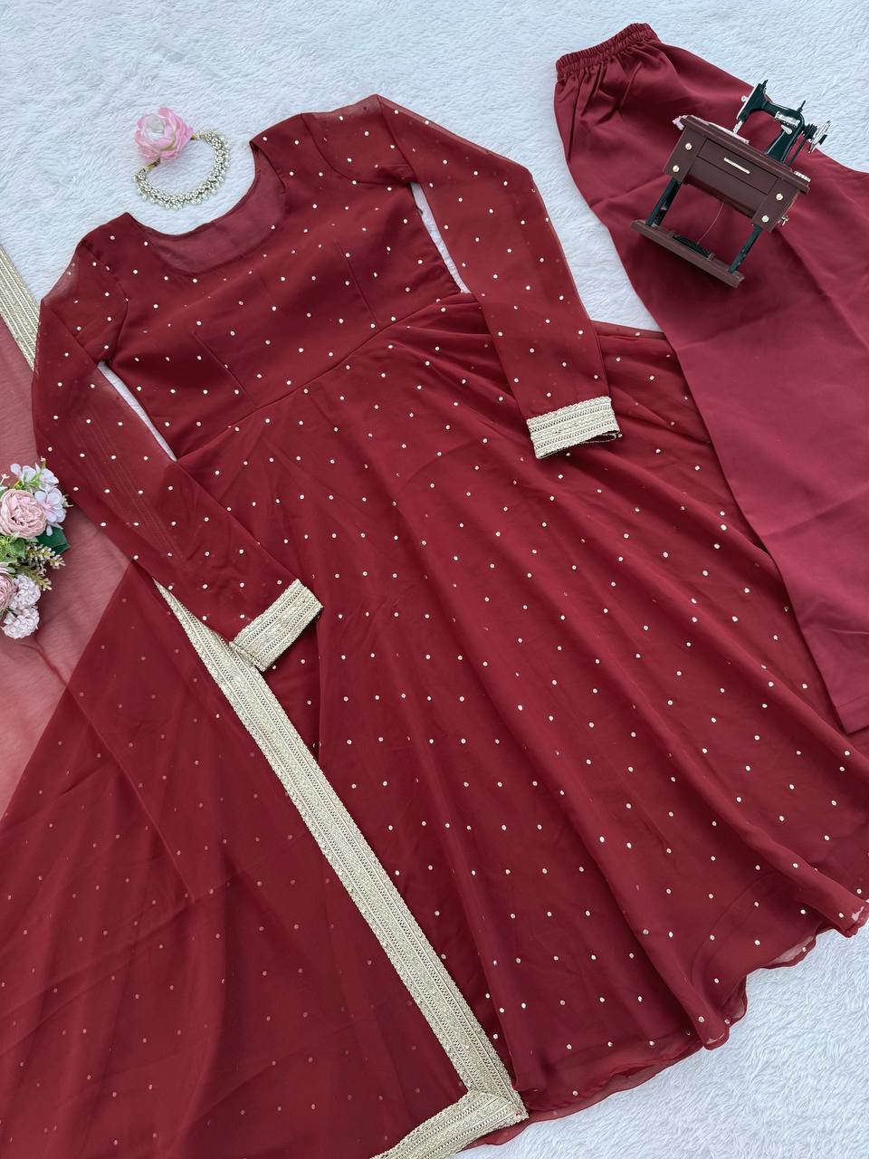 Red faux georgette silk muktesh work gown-palazzo and dupatta set