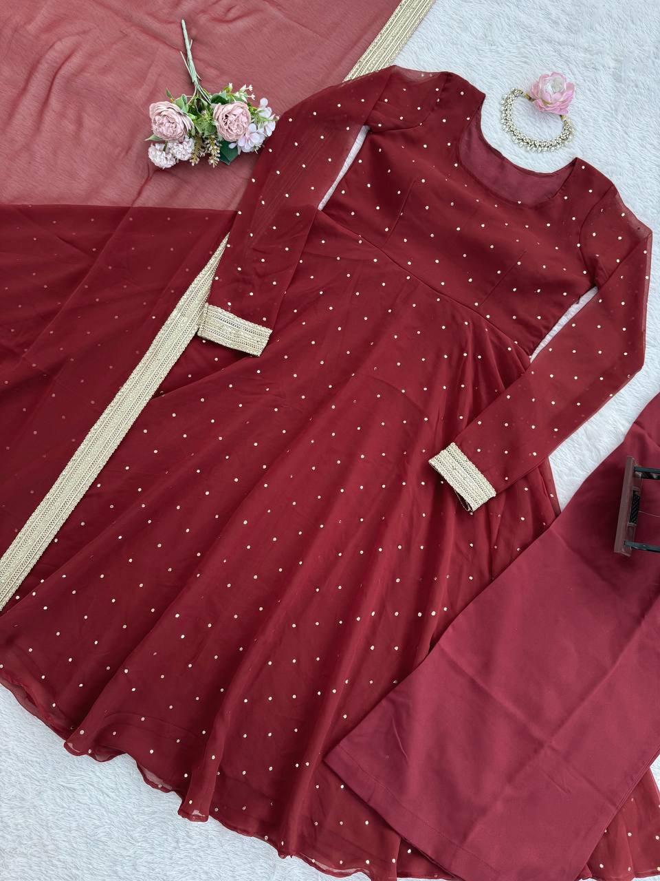 Red faux georgette silk muktesh work gown-palazzo and dupatta set