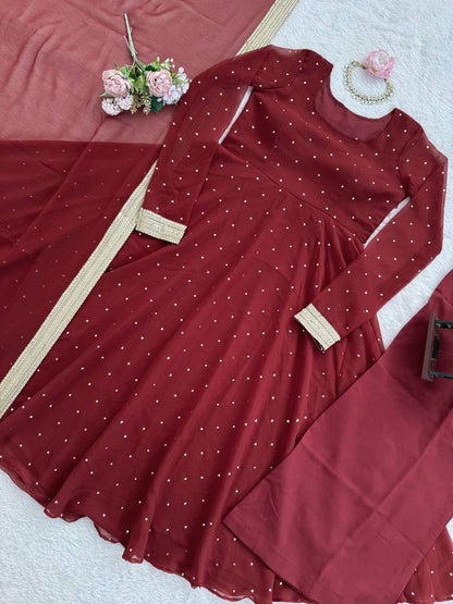Red faux georgette silk muktesh work gown-palazzo and dupatta set