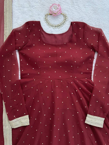 Red faux georgette silk muktesh work gown-palazzo and dupatta set