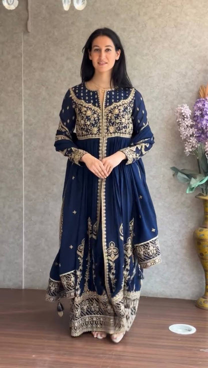 Navy blue faux georgette thread & sequence work anarkali-pant and dupatta set