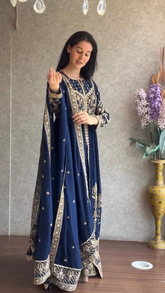 Navy blue faux georgette thread & sequence work anarkali-pant and dupatta set