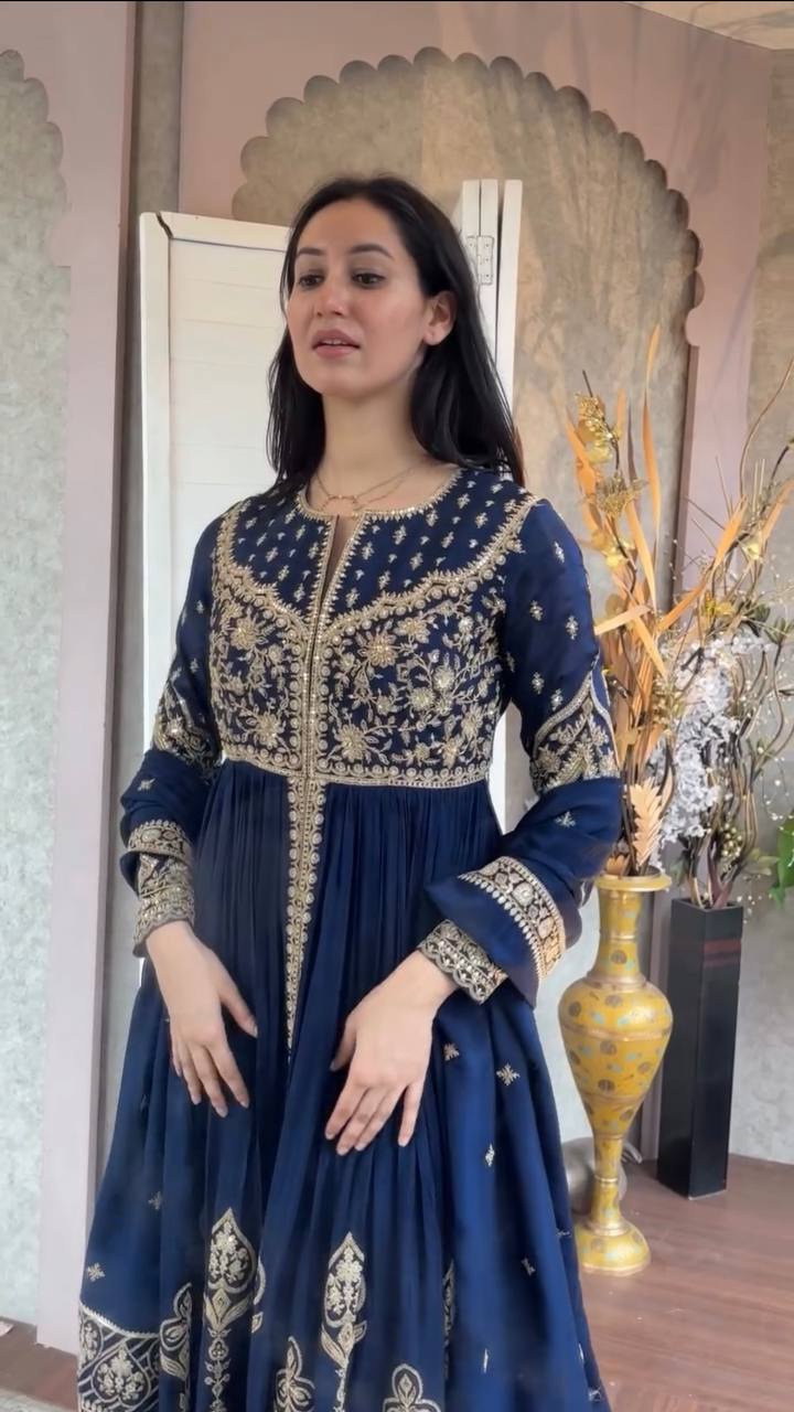 Navy blue faux georgette thread & sequence work anarkali-pant and dupatta set