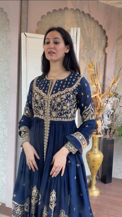 Navy blue faux georgette thread & sequence work anarkali-pant and dupatta set