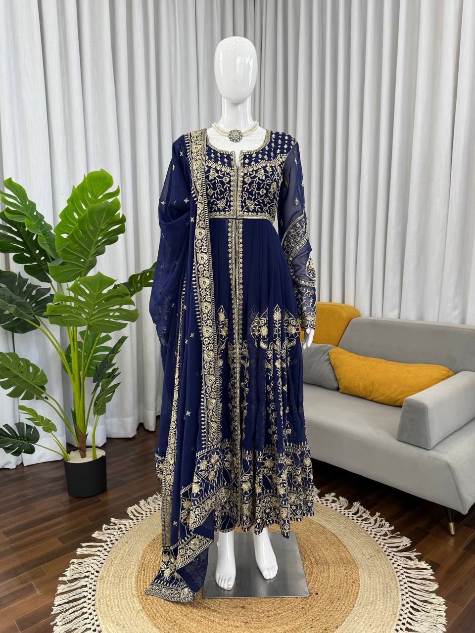 Navy blue faux georgette thread & sequence work anarkali-pant and dupatta set